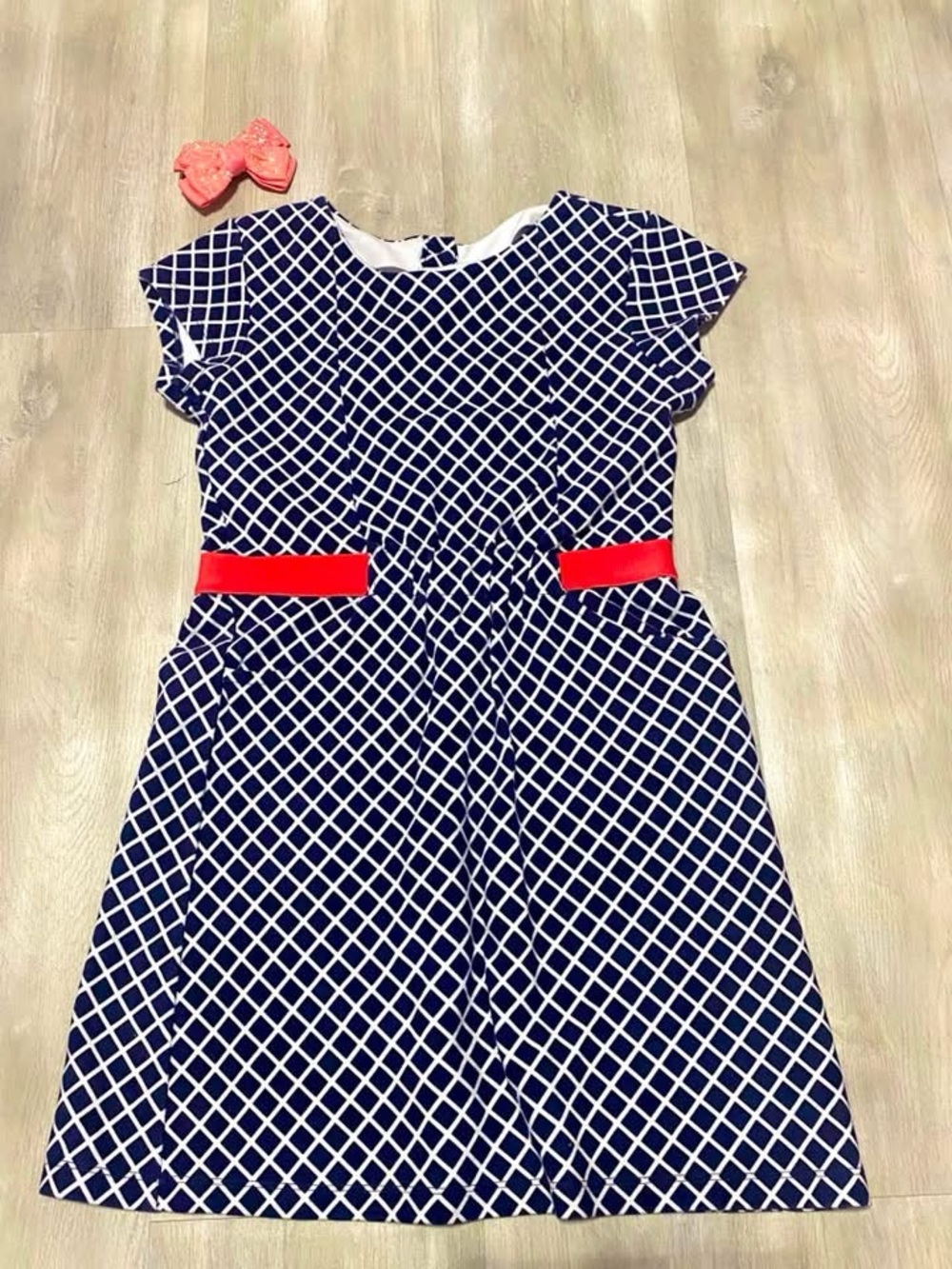 Gymboree Navy & White Lattice Dress with Red Waist Tabs